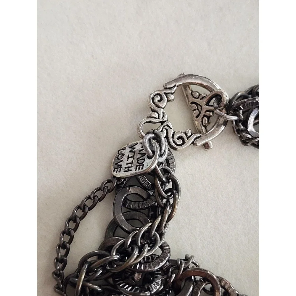 MADE WITH LOVE Signed T Charm Bracelet Multi-Strand Key Faux Pearl Gunmetal Grey